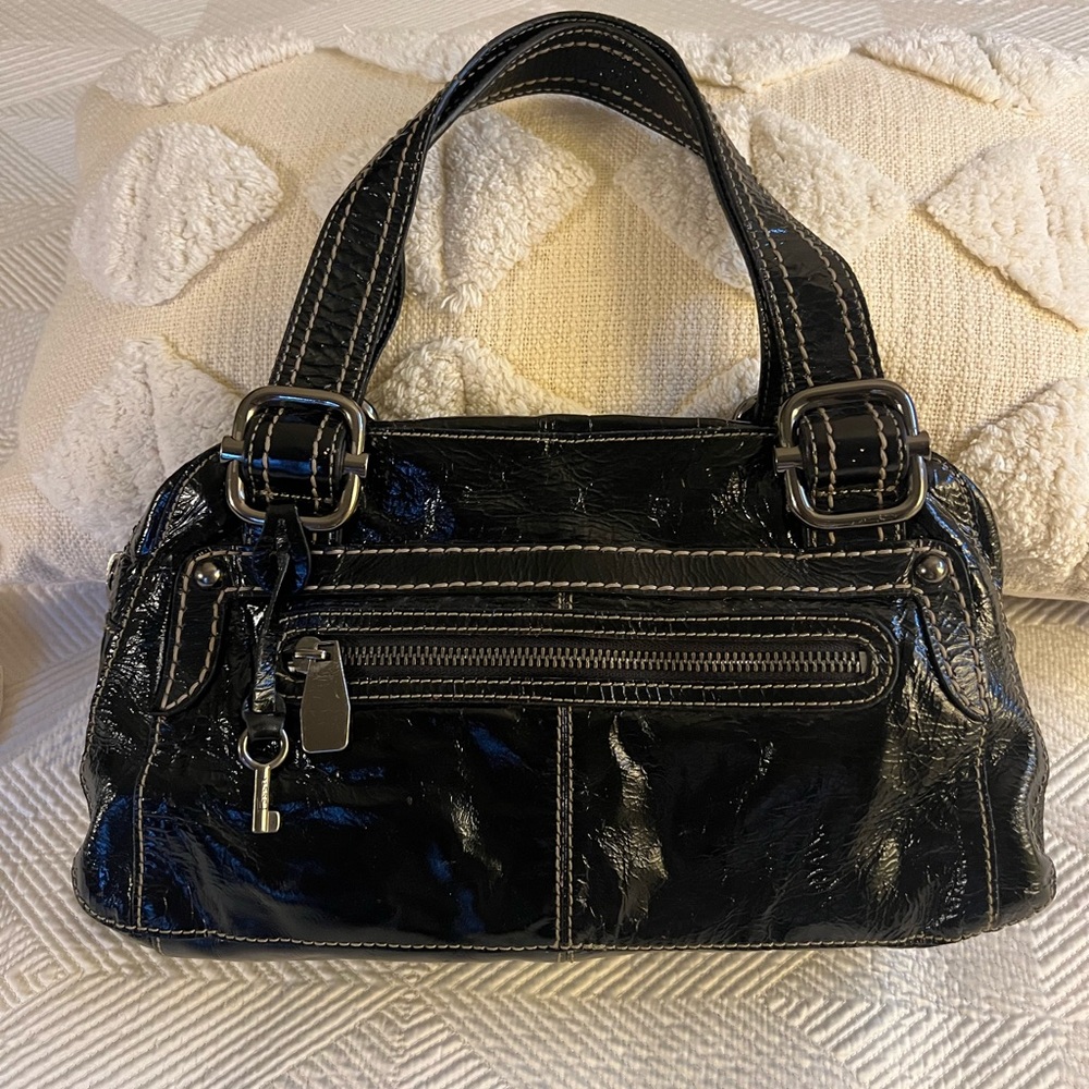 Fossil Black Patent Leather Double Strap Handbag